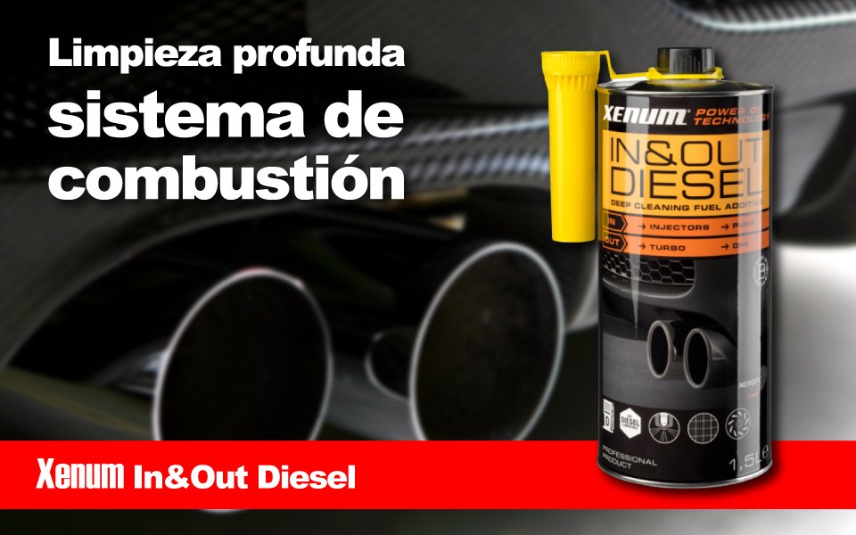 El Xenum In&Out Diesel para motores diésel, basado en la tecnología Nexgen actúa sobre los componentes del sistema de combustible y escape con su tecnología de catálisis. Durante la conducción, sus agentes activos circulan desde el tanque, inyectores, válvulas, bomba, turbo hasta el catalizador, contribuyendo así a reducir los depósitos de carbonilla acumulados. Los catalizadores líquidos de su fórmula viajan con los gases de escape y contribuyen a reducir la temperatura de combustión de los residuos carbonosos. Residuos que normalmente requieren temperaturas muy elevadas para eliminarse, comienzan a descomponerse a temperaturas más bajas gracias a la acción del aditivo. El calor generado por el motor al circular a régimen elevado completa el proceso de limpieza.